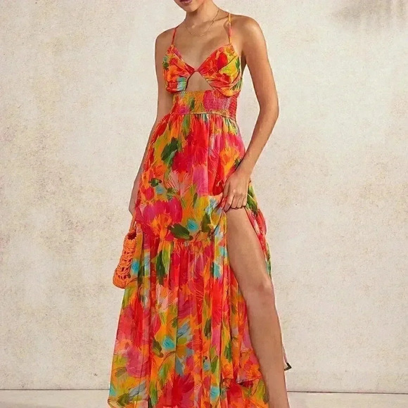 Multicolor Boho Women's Tropical Tiered Hem Backless Dress - Picture 1 of 5